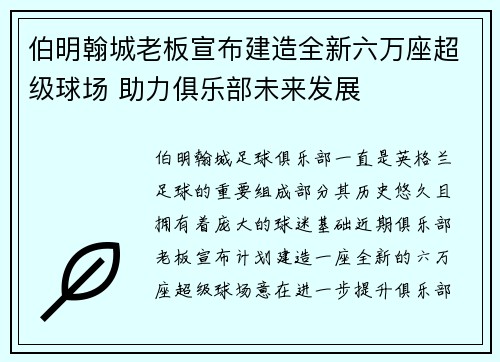 伯明翰城老板宣布建造全新六万座超级球场 助力俱乐部未来发展