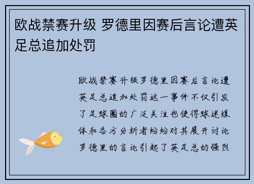 欧战禁赛升级 罗德里因赛后言论遭英足总追加处罚